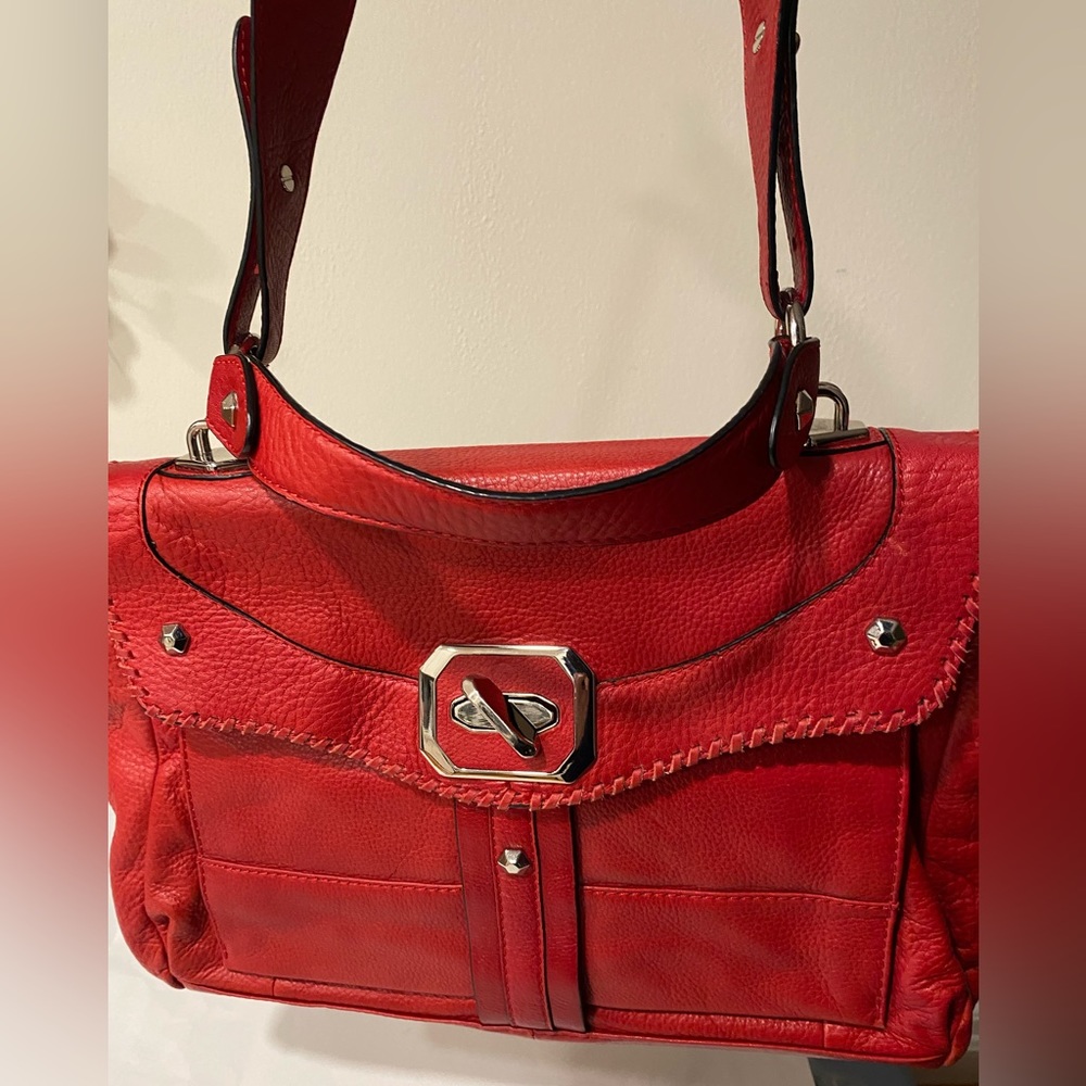 Leather Bag ORYANY Red Pebble Leather Satchel Bag Adj Strap Metal Hardware